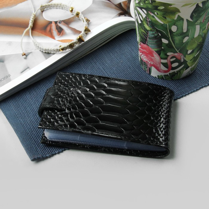Кредитница горизонтальная, 1 ряд, 18 листов, крокодил/питон, цвет чёрный