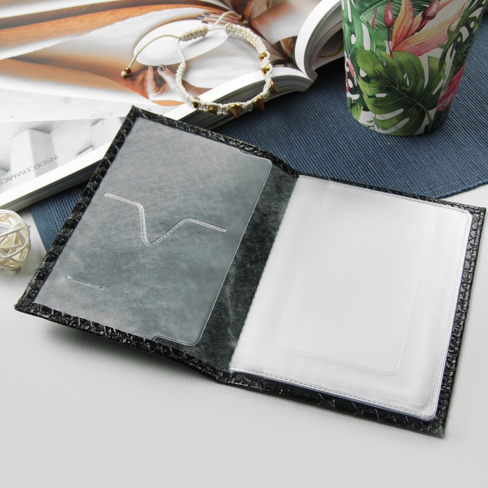 Обложка для автодокументов, крокодил/питон, цвет чёрный