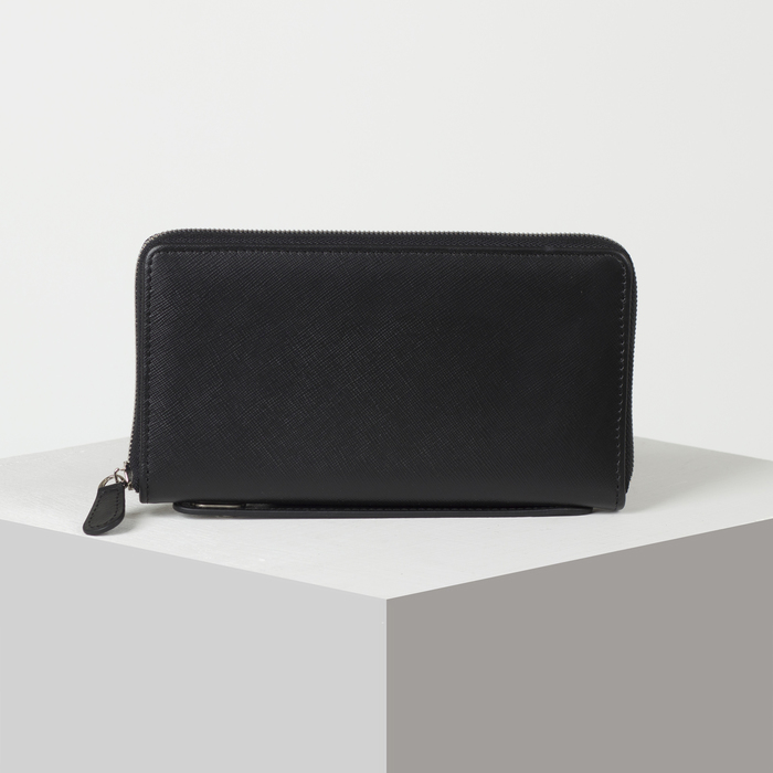 Кошелек мужской с ручкой, 2 отдела, для кредиток, для монет, сафьян, цвет чёрный матовый