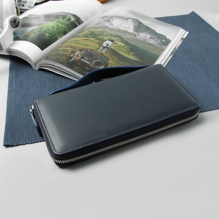 Кошелек мужской с ручкой, 2 отдела, для кредиток, для монет, орфей, цвет синий