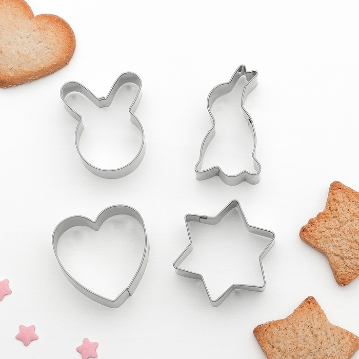 Набор форм для вырезания печенья "Тюльпан, звезда, сердце, заяц", 4 шт