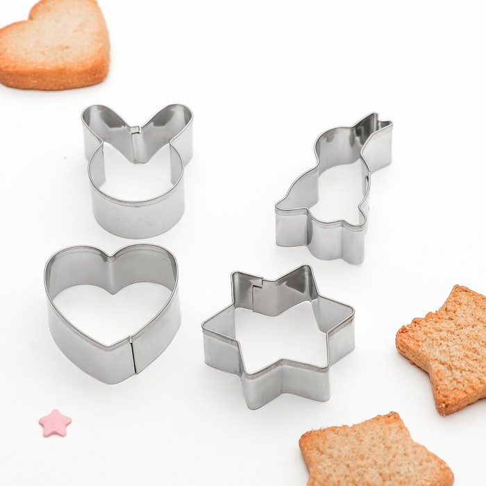 Набор форм для вырезания печенья "Тюльпан, звезда, сердце, заяц", 4 шт