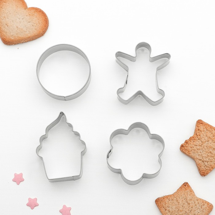 Набор форм для вырезания печенья "Капкейк, человечек, цветок, круг", 4 шт