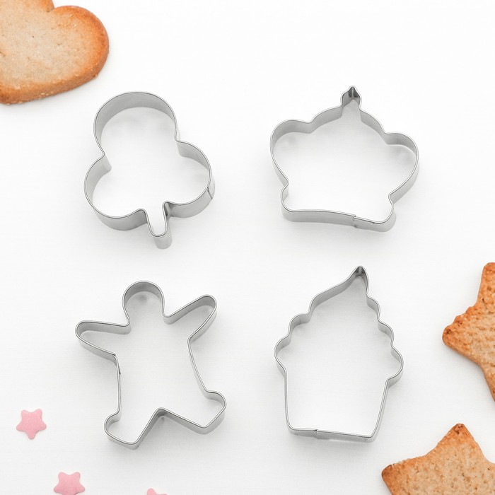 Набор форм для вырезания печенья "Капкейк, человечек, корона, листик", 4 шт