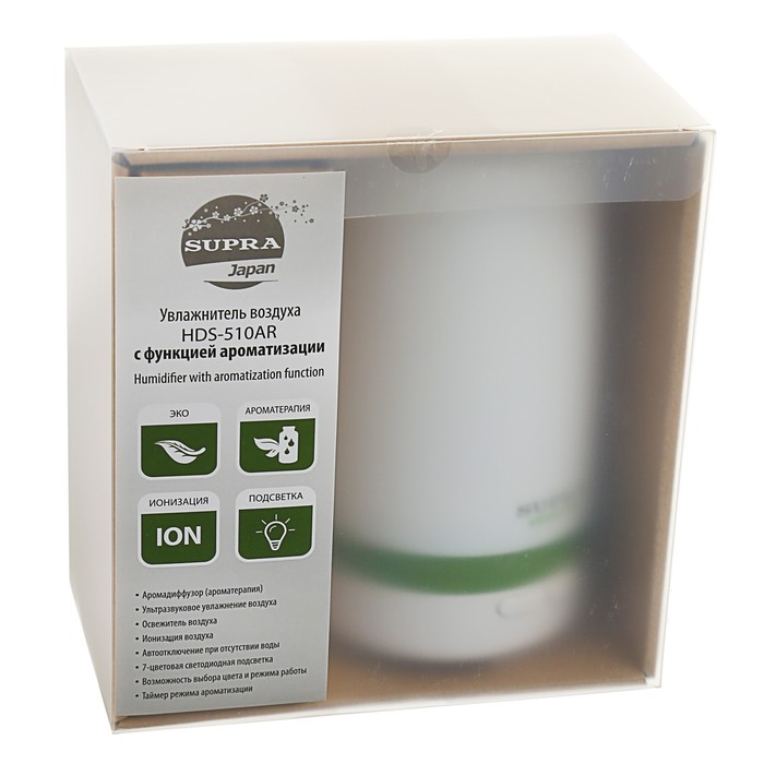 Аромадиффузор SUPRA HDS-510AR, 12 Вт, 7 цветов, 0.1 л, таймер, белый