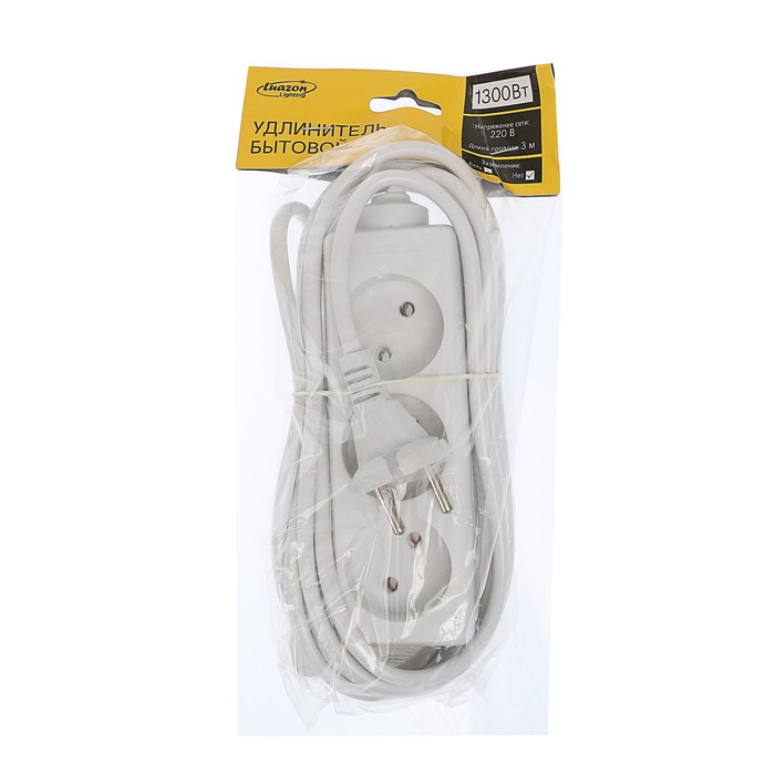 Удлинитель Luazon, трёхместный, 3 м, 1300 Вт, без заземления, 220 В