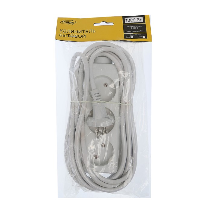 Удлинитель Luazon, трёхместный, 5 м, 1300 Вт, без заземления, 220 В