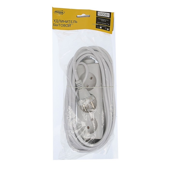 Удлинитель Luazon, трёхместный, 7 м, 1300 Вт, без заземления, 220 В