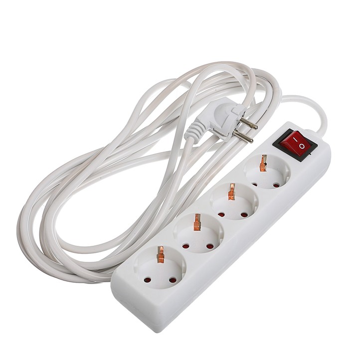 Удлинитель Luazon Lighting, 4 розетки, 5 м, 10 А, 2200 Вт, 3х0.75 мм2, с з/к, с выкл., Б