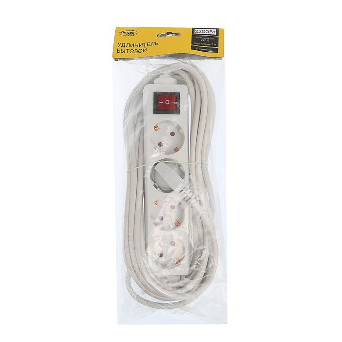 Удлинитель Luazon, четырехместный, 7 м, 2200 Вт, с кнопкой вкл/выкл, с заземлением, 220 В