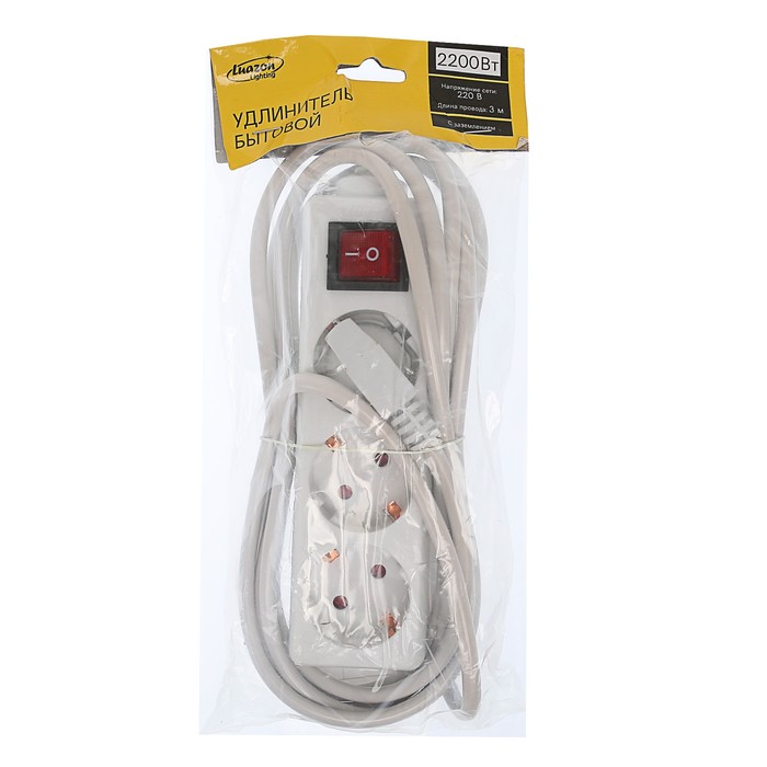 Удлинитель Luazon, трёхместный, 3 м, 2200 Вт, с кнопкой вкл/выкл, с заземлением, 220 В