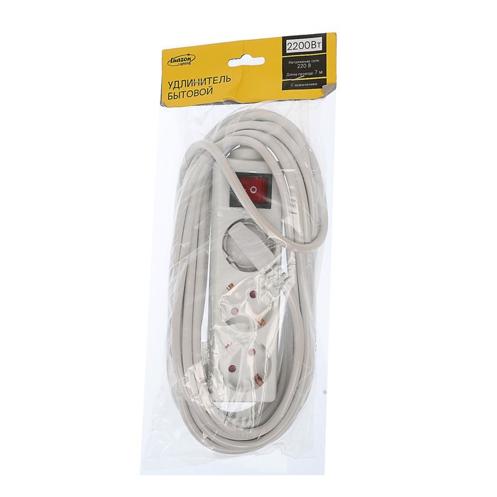 Удлинитель Luazon, трёхместный, 7 м, 2200 Вт, с кнопкой вкл/выкл, с заземлением, 220 В