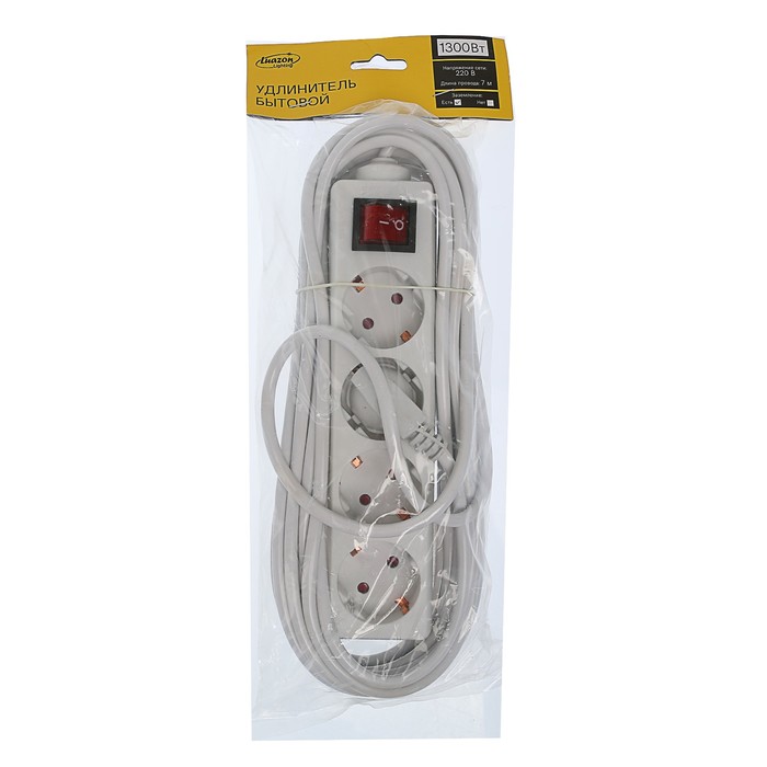 Удлинитель Luazon, четырехместный, 7 м, 1300 Вт, с кнопкой вкл/выкл, с заземлением, 220 В