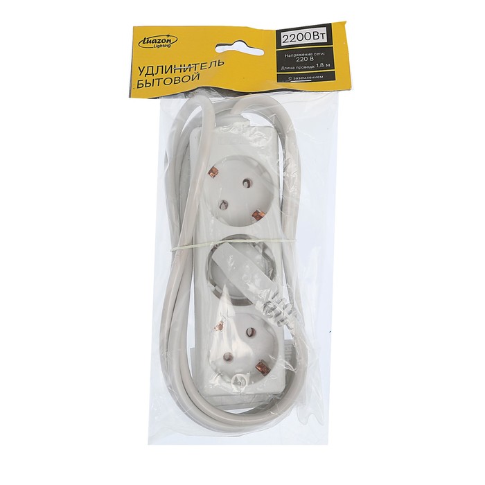 Удлинитель Luazon, трёхместный, 1,8 м, 2200 Вт, c заземлением, 220 В