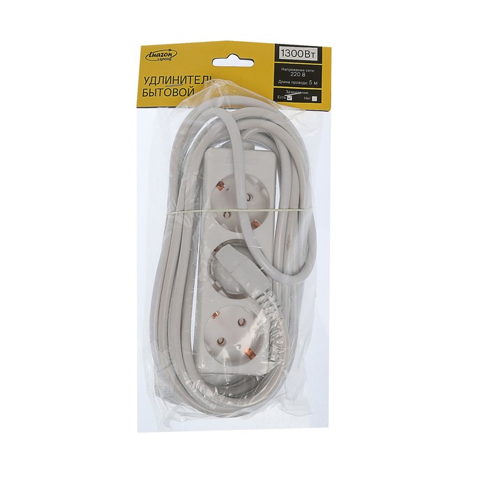 Удлинитель Luazon, трёхместный, 5 м, 1300 Вт, c заземлением, 220 В