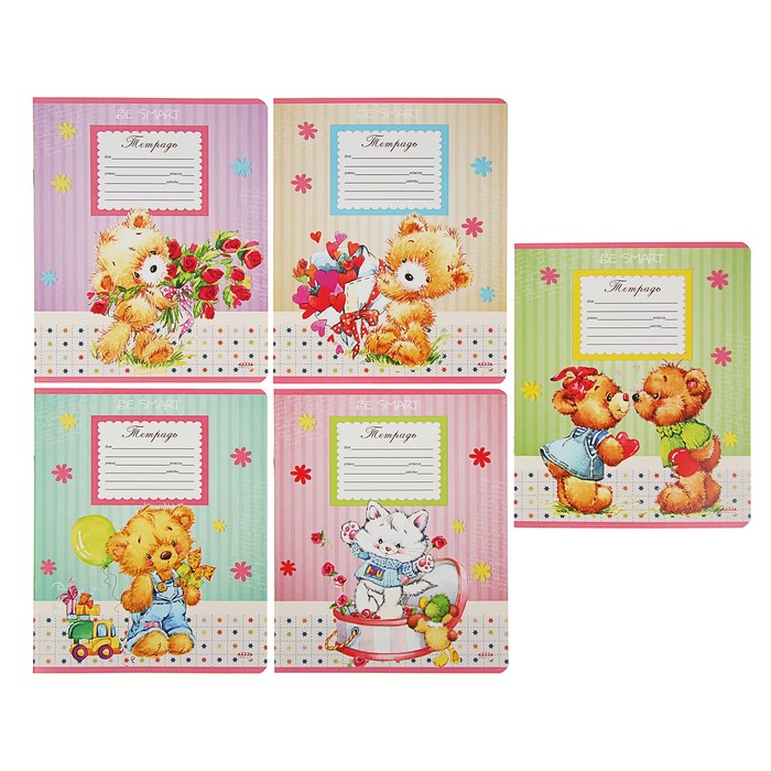 Тетрадь 12 листов линейка "Плюшевые герои", мелованный картон, 5 видов микс