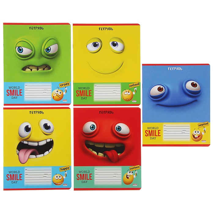 Тетрадь 12 листов линейка "Яркие смайлы", мелованный картон, 5 видов микс