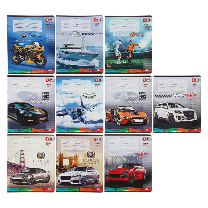 Тетрадь 12 листов узкая линейка "Микс-60", мелованный картон, 5 видов