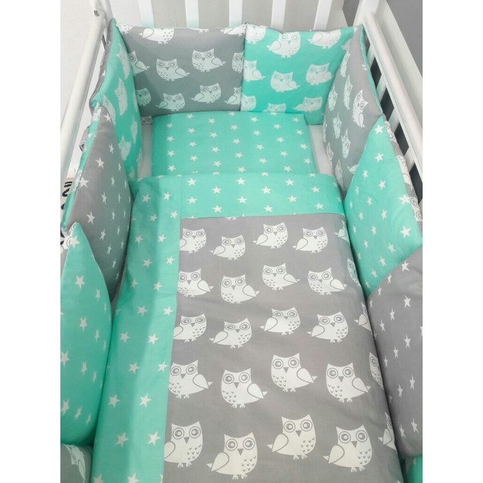 Комплект в кроватку "Совы мятные", 6 предметов, бязь, сатин