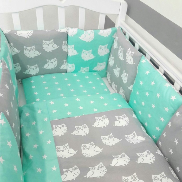 Комплект в кроватку "Совы мятные", 6 предметов, бязь, сатин
