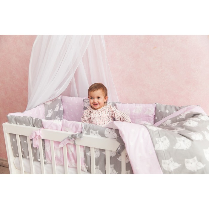 Комплект в кроватку "Совята с розовым", 6 предметов, бязь, сатин