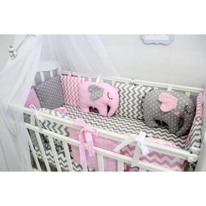 Комплект в кроватку с игрушками "Слоники", сатин, розовый
