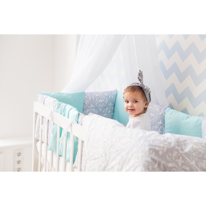 Комплект в кроватку "Дамаск мята", 6 предметов, бязь, сатин