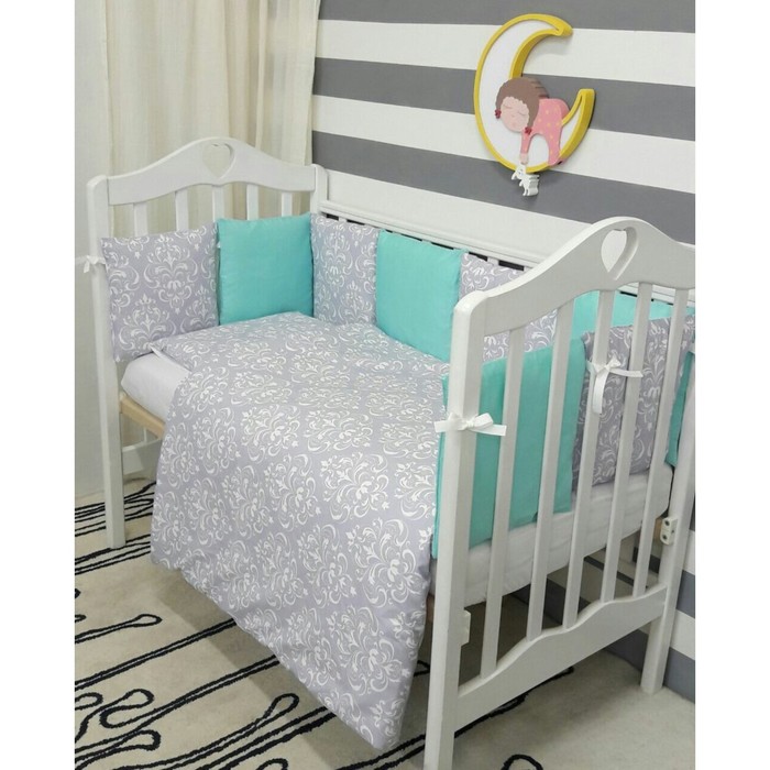 Комплект в кроватку "Дамаск мята", 6 предметов, бязь, сатин