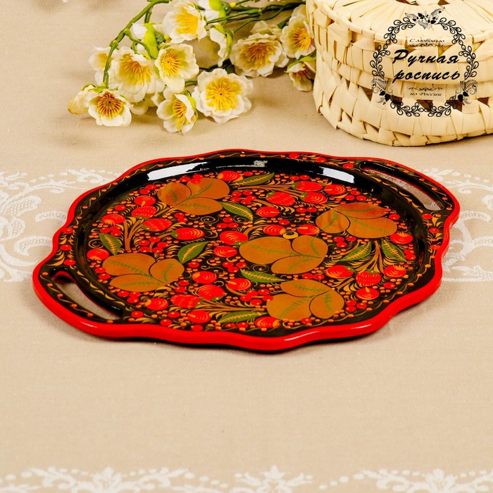 Поднос с ручкой, декоративный, хохлома, D=25 см