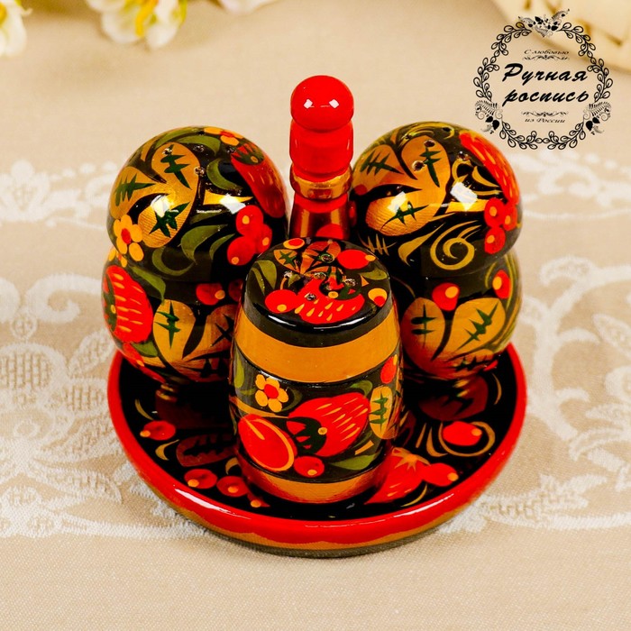 Набор для специй "Грибы", хохлома, с подставкой