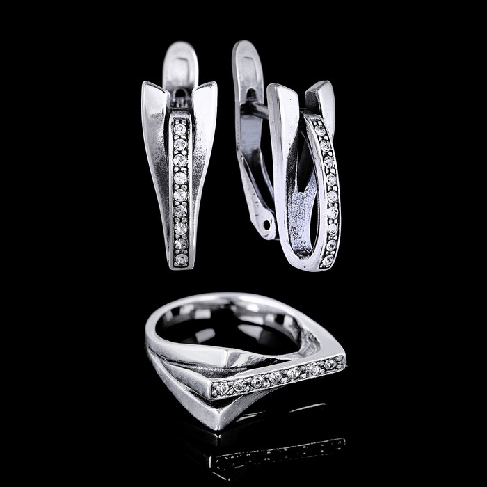 Гарнитур 2 предмета: серьги, кольцо "Гамма", размер 17, цвет белый в чернёном серебре