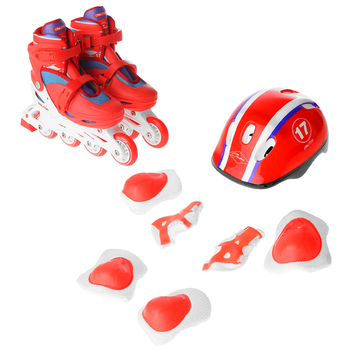 Набор Ролики раздвижные + Защита, колеса PVC 64 мм, пластиковая рама, red/white р.34-37