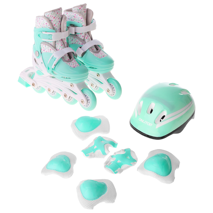 Набор Ролики раздвижные + Защита, колеса PVC 64 мм, пластиковая рама, mint/white р.34-37