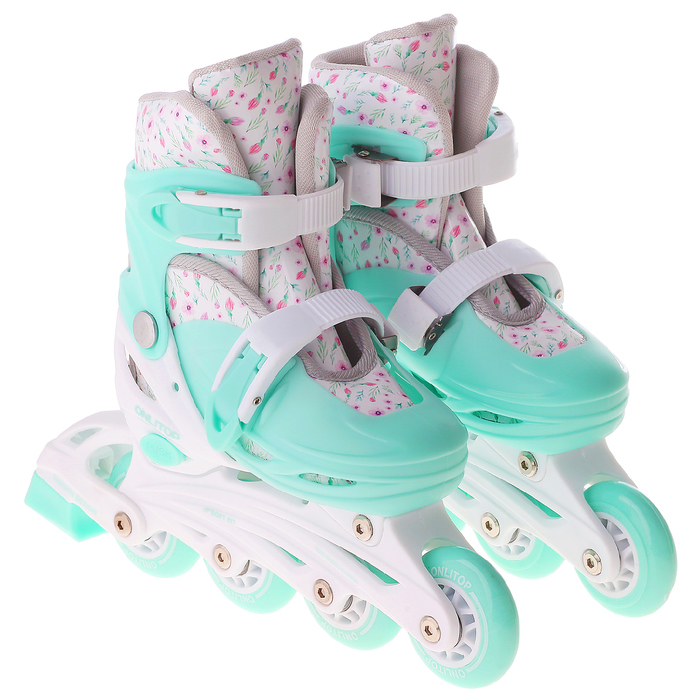 Набор Ролики раздвижные + Защита, колеса PVC 64 мм, пластиковая рама, mint/white р.34-37