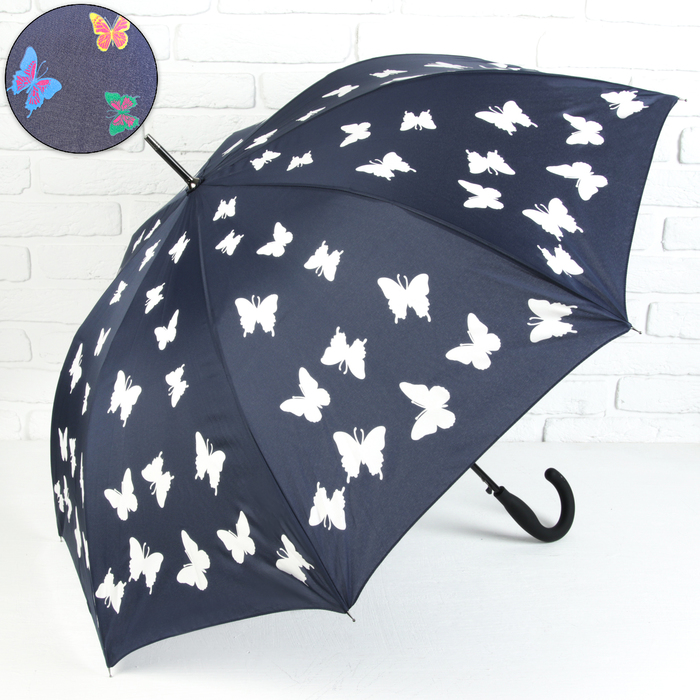 Зонт-трость "Бабочки", полуавтоматический, рисунок проявляется при намокании, R=51см, цвет синий