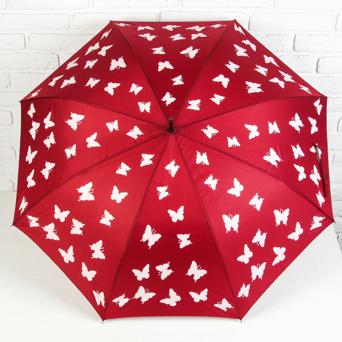 Зонт-трость "Бабочки", полуавтоматический, рисунок проявляется при намокании, R=51см, цвет малиновый