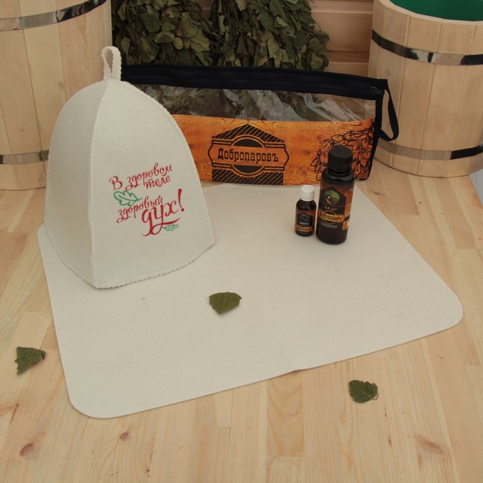 Набор для бани в косметичке "Здоровый дух" шапка, коврик, масло, ароматизатор