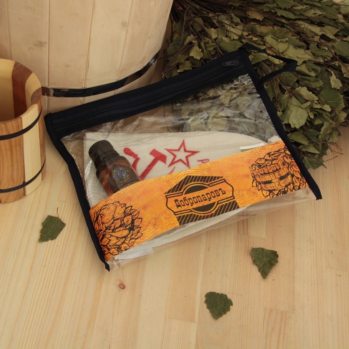 Набор для бани в косметичке "СССР серп и молот" шапка, ароматизатор