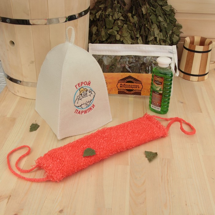 Набор для бани в косметичке "Герой парилки" шапка, шампунь, мочалка