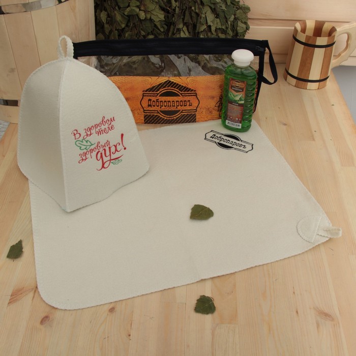 Набор для бани в косметичке "Здоровый дух" шапка, коврик, шапмунь