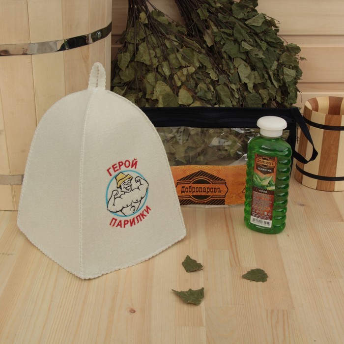 Набор для бани в косметичке "Герой парилки" шапка, шампунь