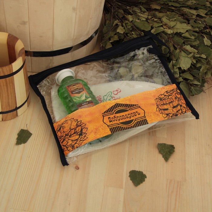 Набор для бани в косметичке "Здоровый дух" шапка, шампунь