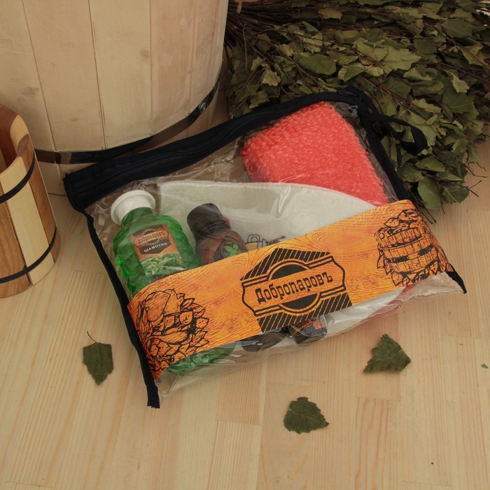 Набор для бани в косметичке "Люблю баньку" шапка, масло, ароматизатор, шампунь, мочалка