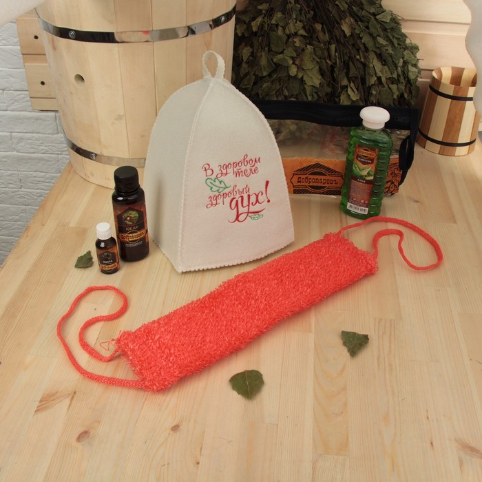 Набор для бани в косметичке "Здоровый дух" шапка, масло, ароматизатор, шампунь, мочалка