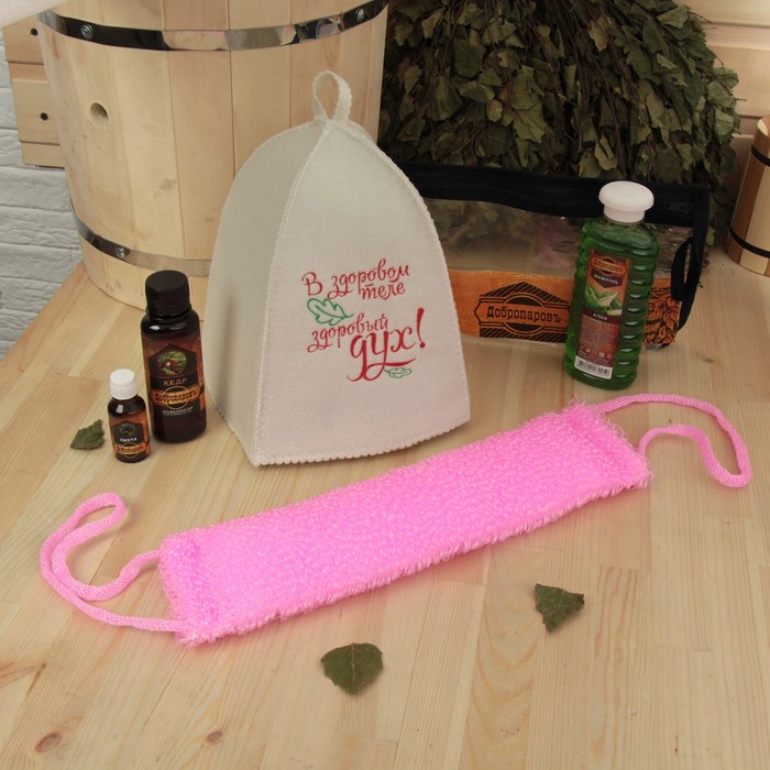 Набор для бани в косметичке "Здоровый дух" шапка, масло, ароматизатор, шампунь, мочалка