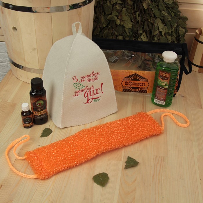 Набор для бани в косметичке "Здоровый дух" шапка, масло, ароматизатор, шампунь, мочалка