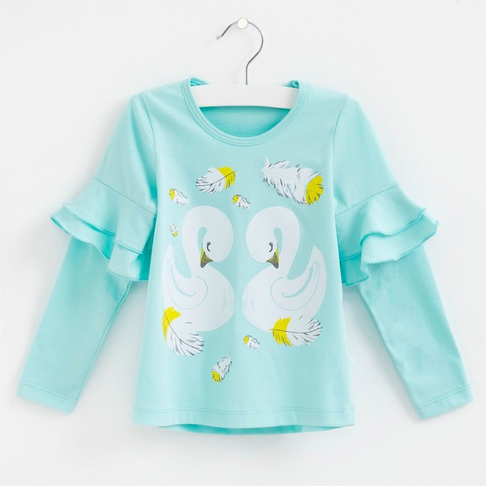 Футболка с дл. рукавом, "Лебеди", бирюзовая, р-р 32 (110-116см) 5-6л., 100% хлопок