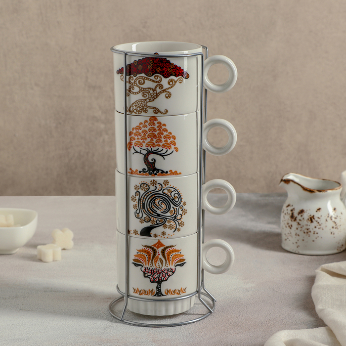 Набор кружек 240 мл "Узоры", 4 шт, на металлической подставке