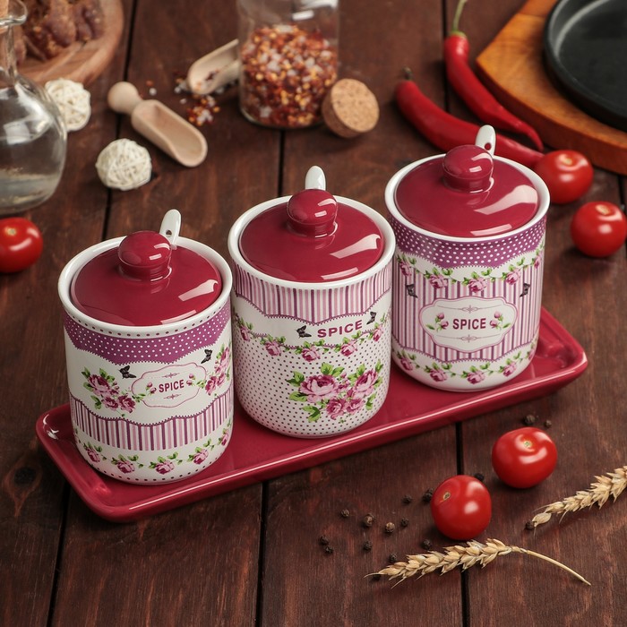 Набор банок для сыпучих продуктов 300 мл "Душевность", 3 шт, с ложками, на подставке