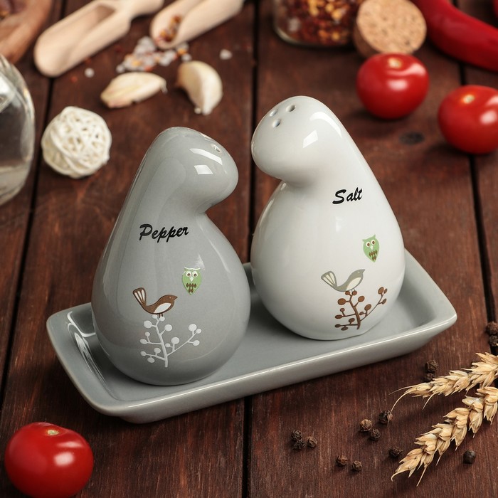 Набор для специй "Соловей и совушка", 2 шт: солонка, перечница, на керамической подставке